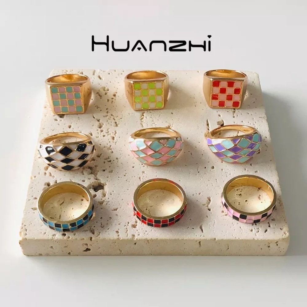 1pcs Alloy Checkered Ring Green Neon Green Gold Rings Glitter Jelly Enamel Trend